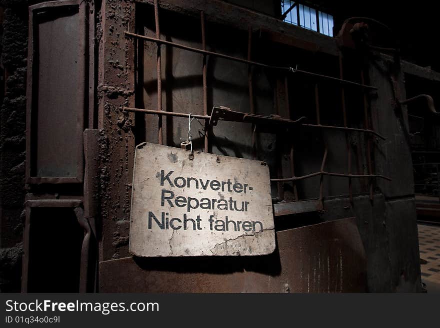 Sign on a konverter in a blast blower. Sign on a konverter in a blast blower