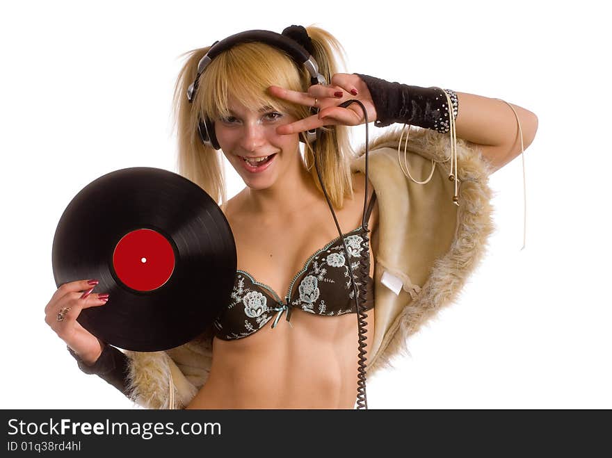 Happy girl with vinyl record over white