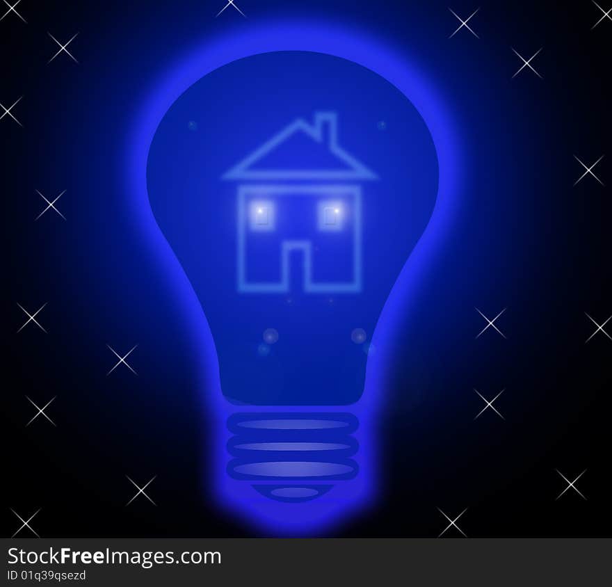 Light in the dark and house in the middle of the bulb