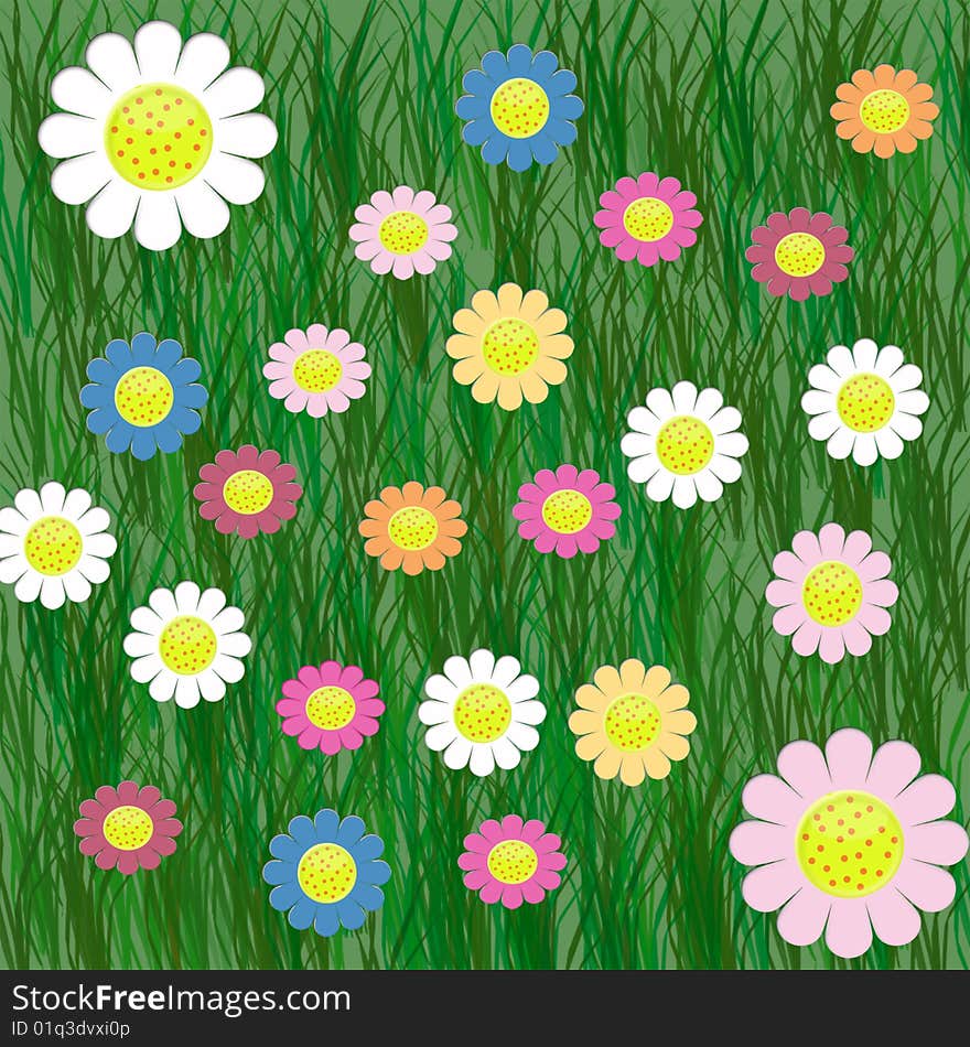 2d colorful flowers on green grassy background