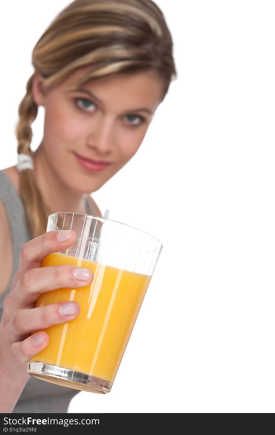 Healthy lifestyle series - Woman with glass of orange juice on white background, focus on hand. Healthy lifestyle series - Woman with glass of orange juice on white background, focus on hand