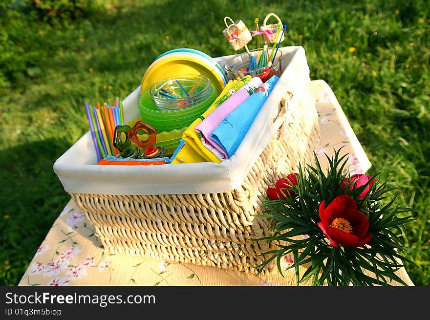 Color Summer Picnic Accessories In A Basket