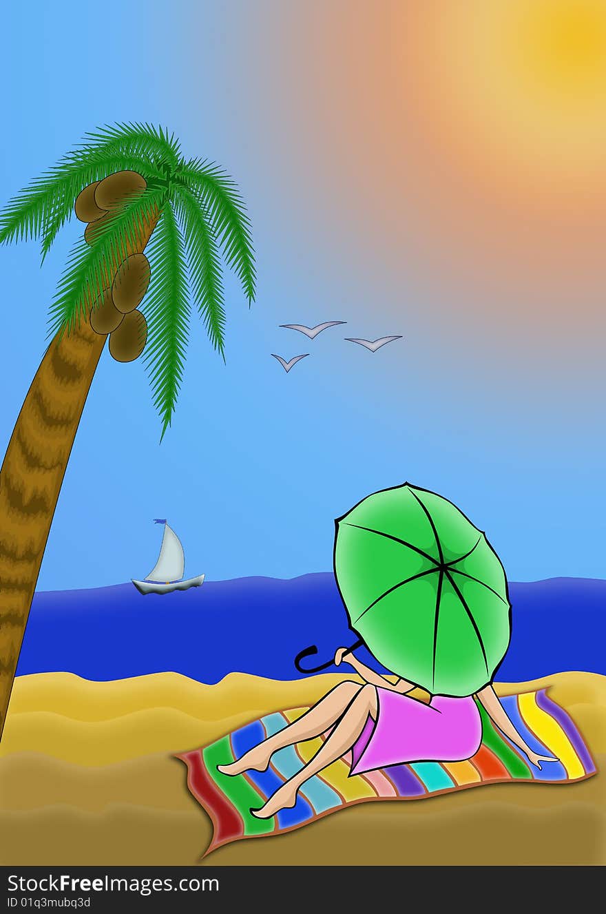 Illustration   of girl   on  background  blue  sea and  palm