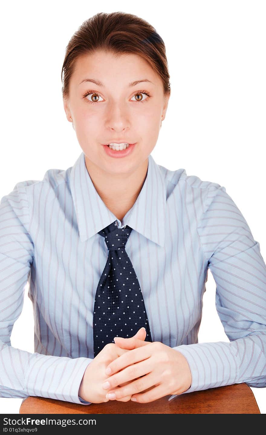 Young girl in a shirt on white background