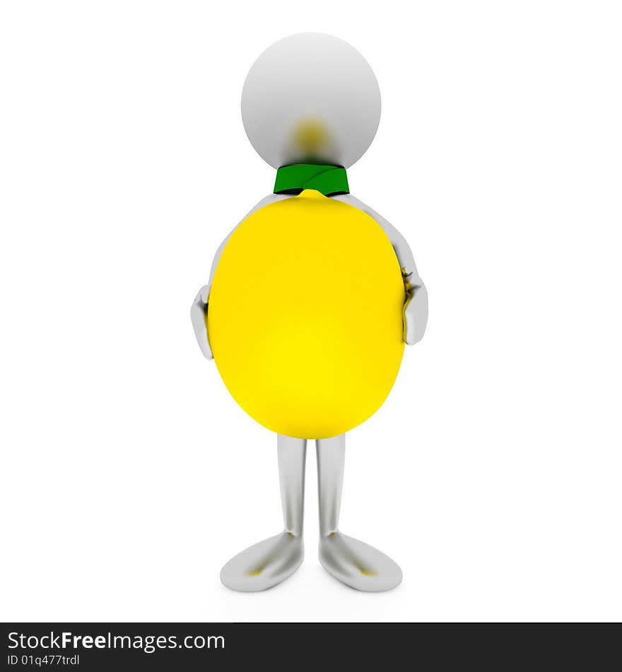 3D man holds a lemon isolated on white.