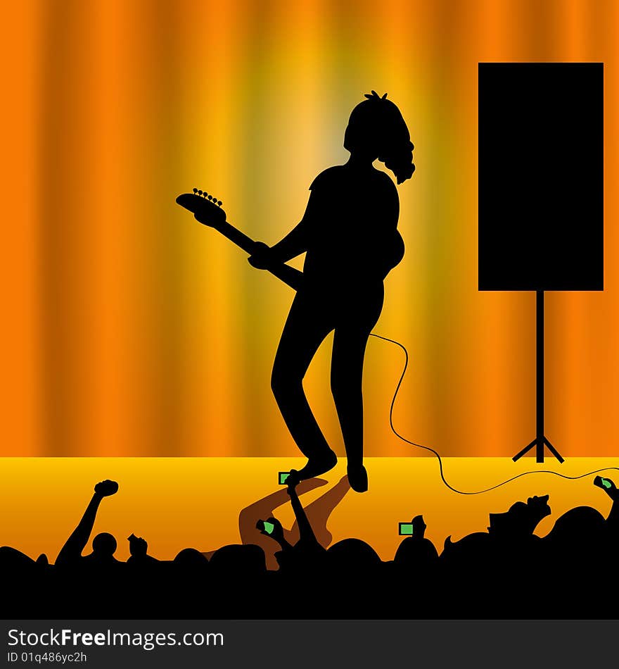 Vector illustrated young female guitar player on the stage in front of audience. Vector illustrated young female guitar player on the stage in front of audience.