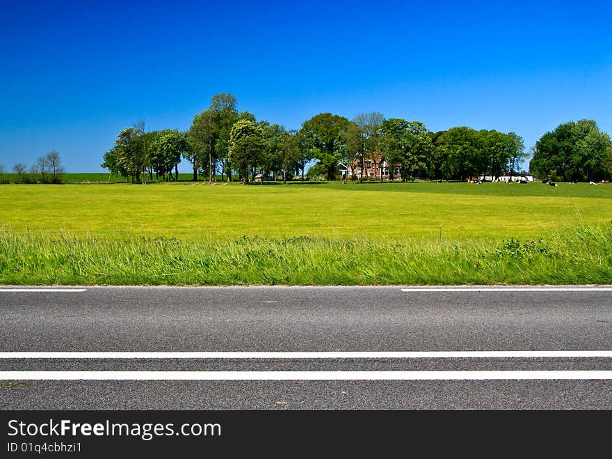 Countryside with farmer and cows