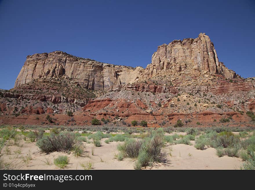 View of red rock formations in San Rafael Swell with blue sky�s