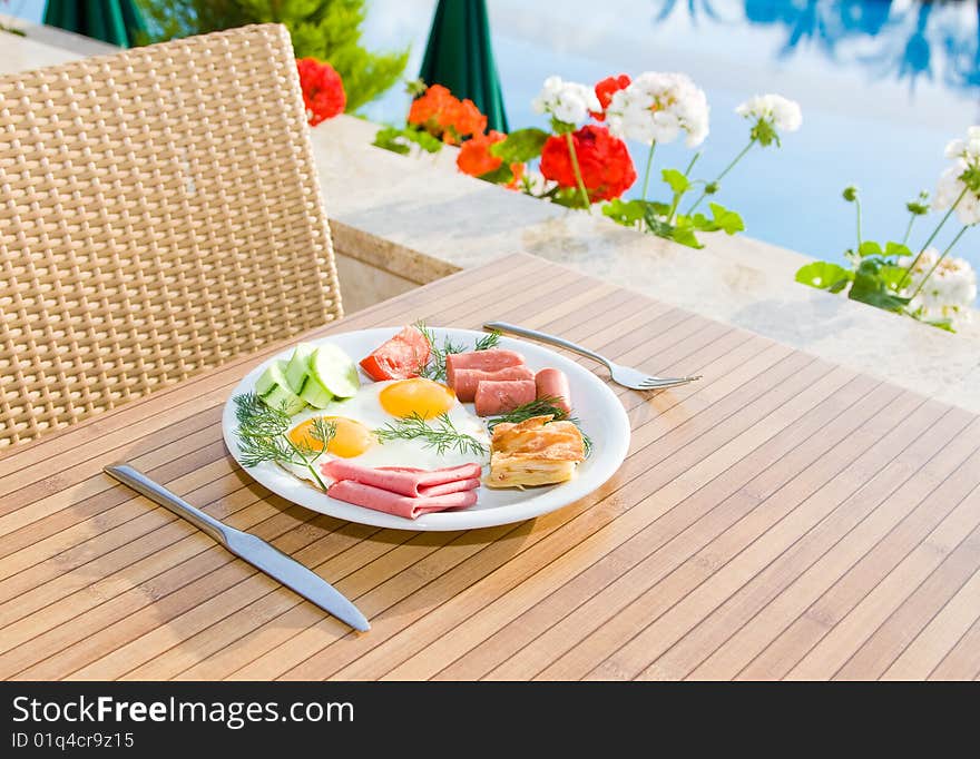 Breakfast served on the table. Breakfast served on the table