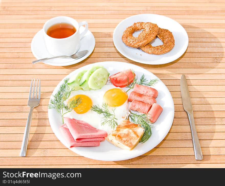 Breakfast served on the table. Breakfast served on the table