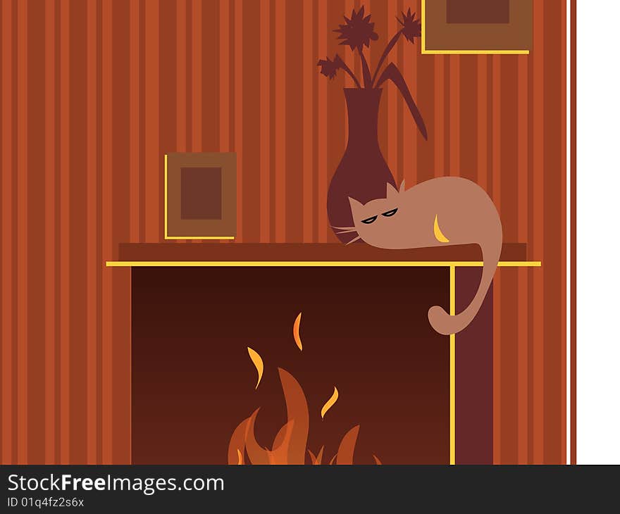 Illustration of a cat, vase and fire place. Illustration of a cat, vase and fire place