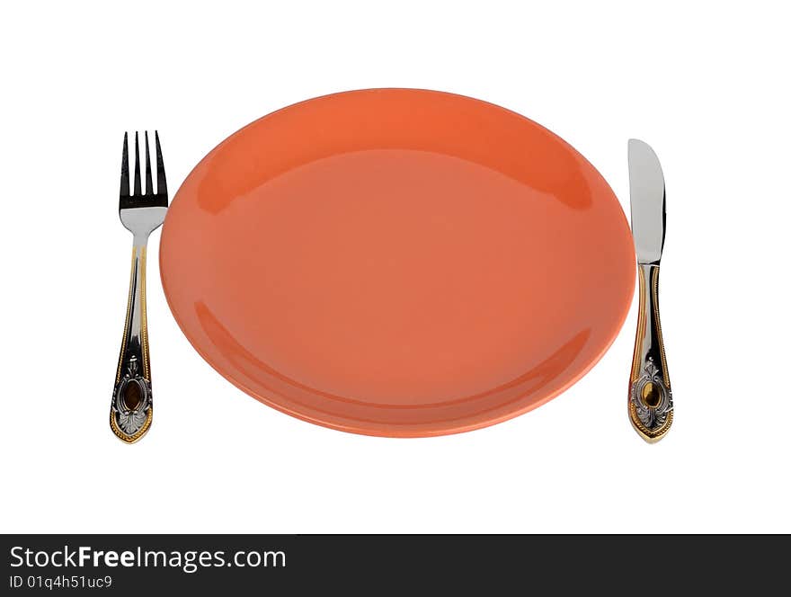 Empty dinner plate with fork and knife. Set of kitchen object. Empty dinner plate with fork and knife. Set of kitchen object.