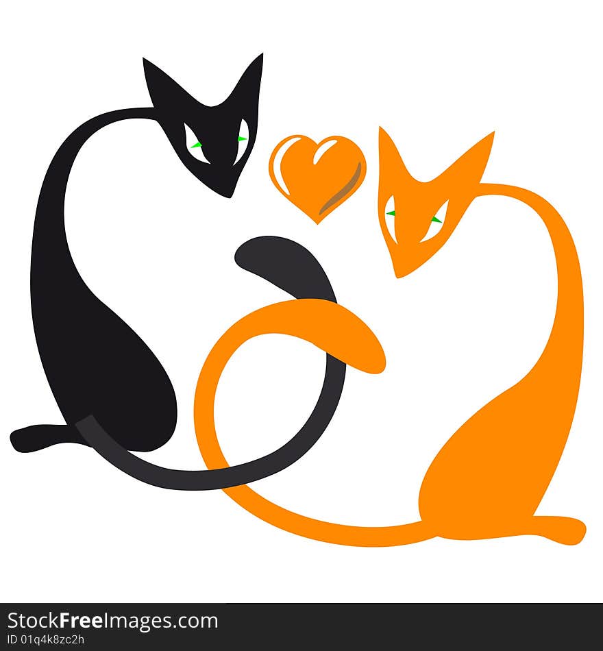 Vector style image red and black cats with heart shape. Vector style image red and black cats with heart shape