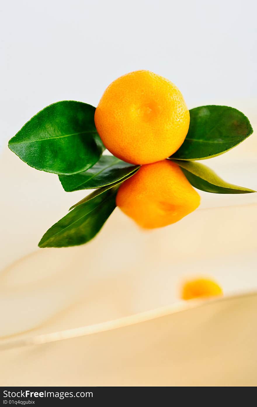 Reflection of tangerine with leaves on the smooth surface. Reflection of tangerine with leaves on the smooth surface