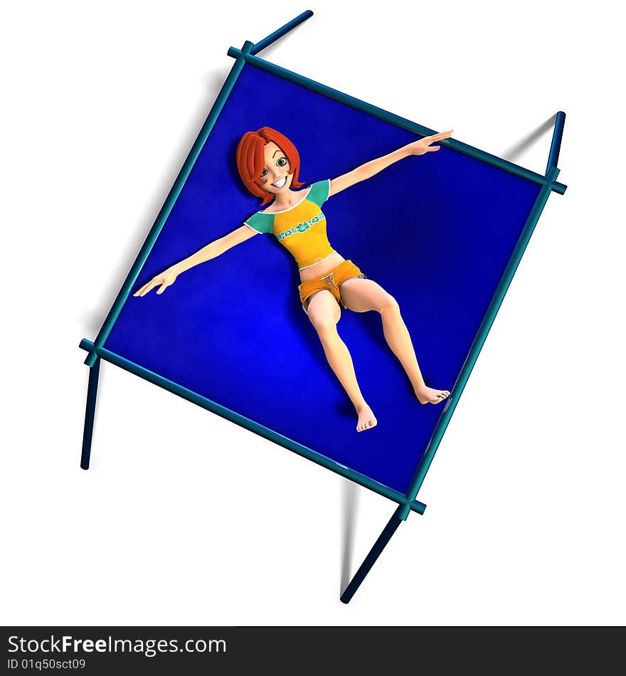 Rendering of a cartoon girl who jumps on a trampoline. With Clipping Path and shadow over white. Rendering of a cartoon girl who jumps on a trampoline. With Clipping Path and shadow over white