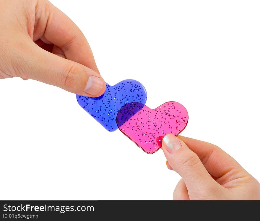 Man and woman hands with hearts isolated on white background