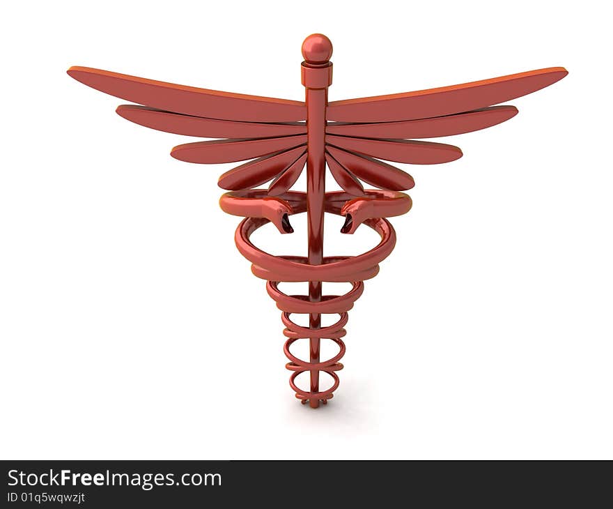 Front view of 3d caduceus  symbol with white background. Front view of 3d caduceus  symbol with white background