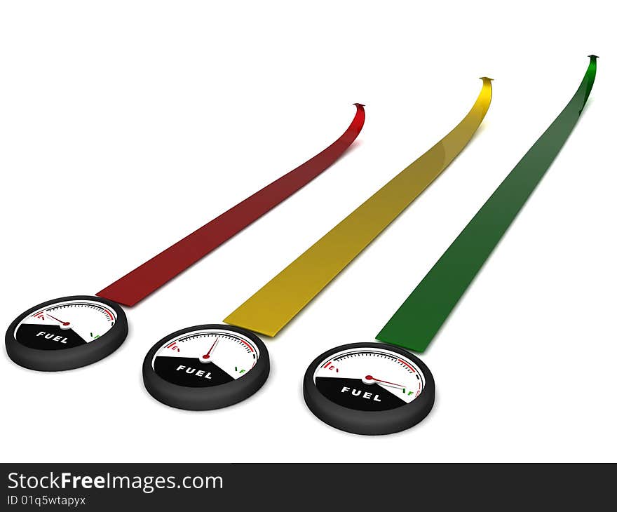 Three dimensional view of rendered fuel meters with colorful strips