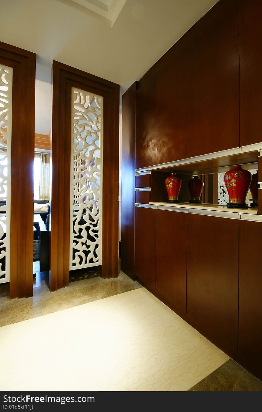 Carved wall panels in modern home. Carved wall panels in modern home.