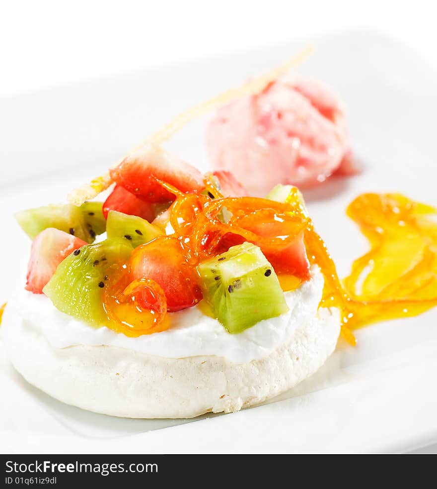 Meringue with Fruit and Strawberry Sorbet. Meringue with Fruit and Strawberry Sorbet