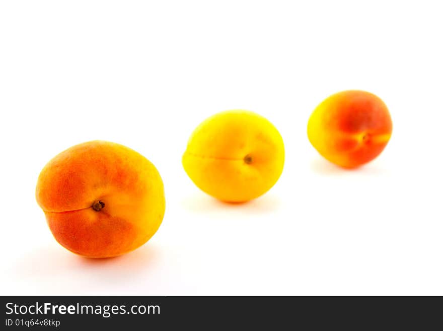 Three apricots in a line on a white background