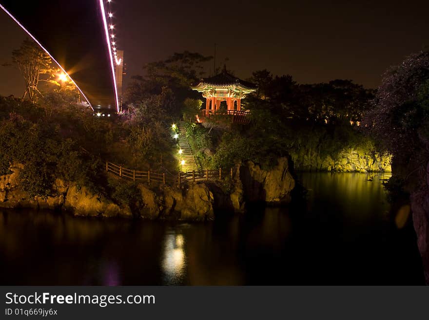 Night view of pagoda and a bridge