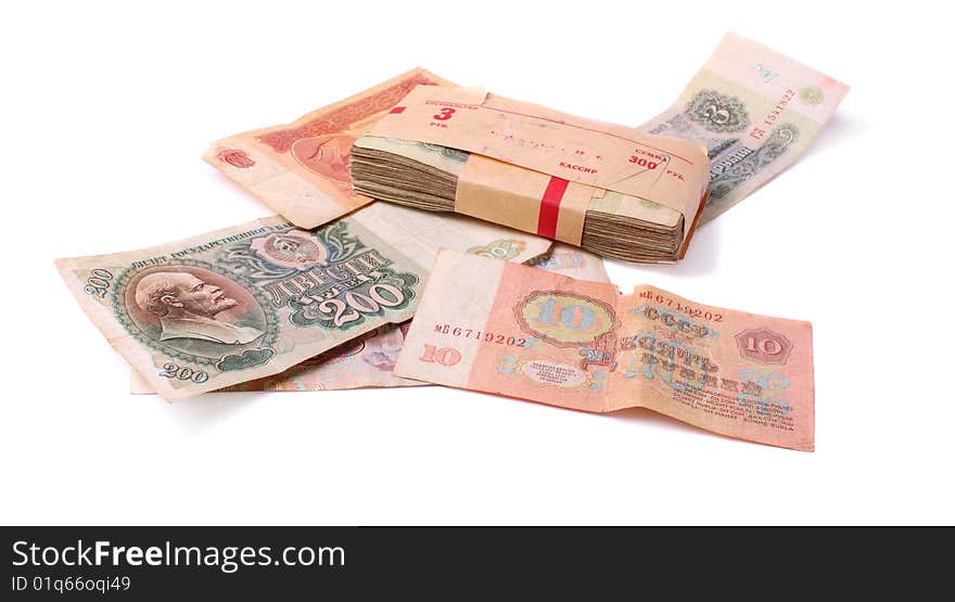 Old soviet banknotes on white