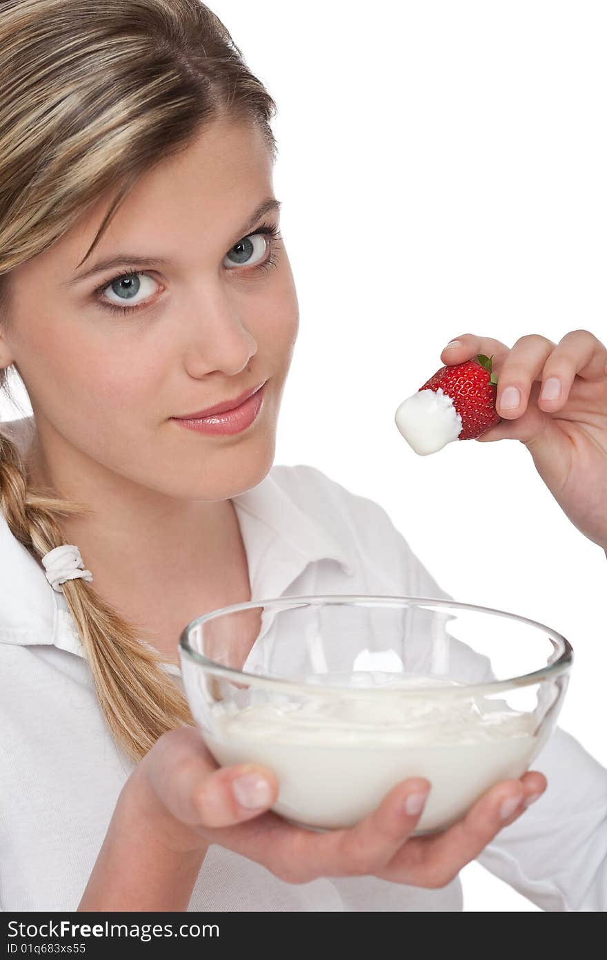 Healthy lifestyle series - Woman holding strawberry and yogurt on white background. Healthy lifestyle series - Woman holding strawberry and yogurt on white background