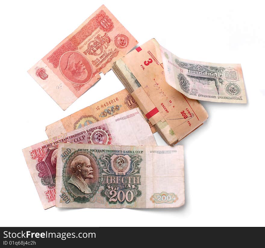 Old soviet banknotes on white