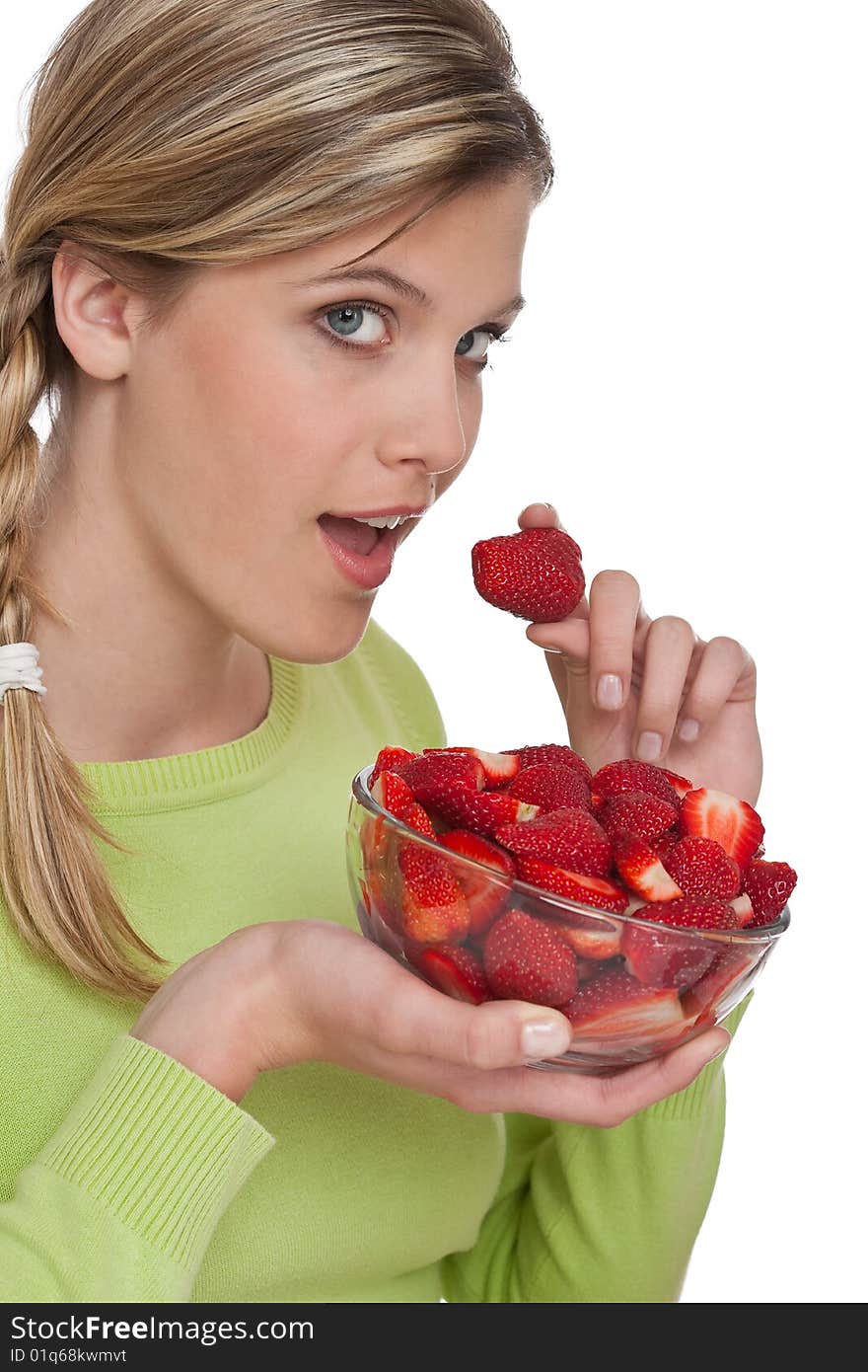 Healthy lifestyle series - Woman eating strawberry on white background