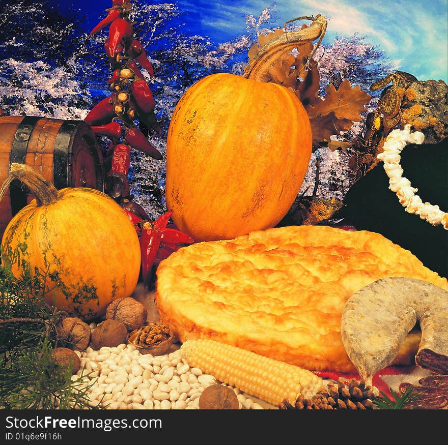 Round loaf and vegetable and flat -sausage. Round loaf and vegetable and flat -sausage