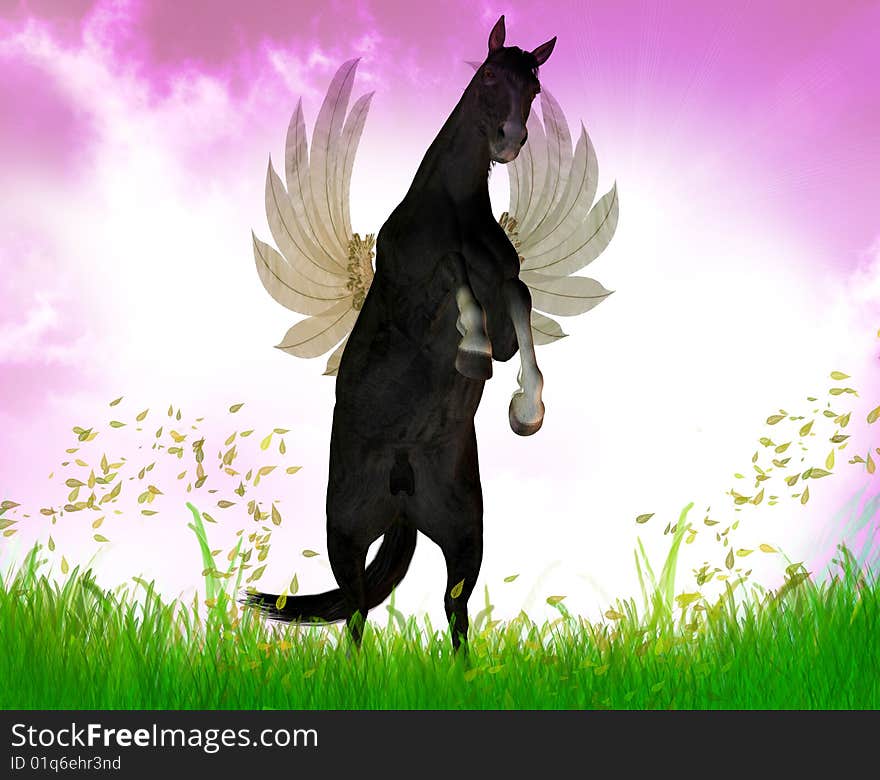 Flying Black stallion in the green meadow