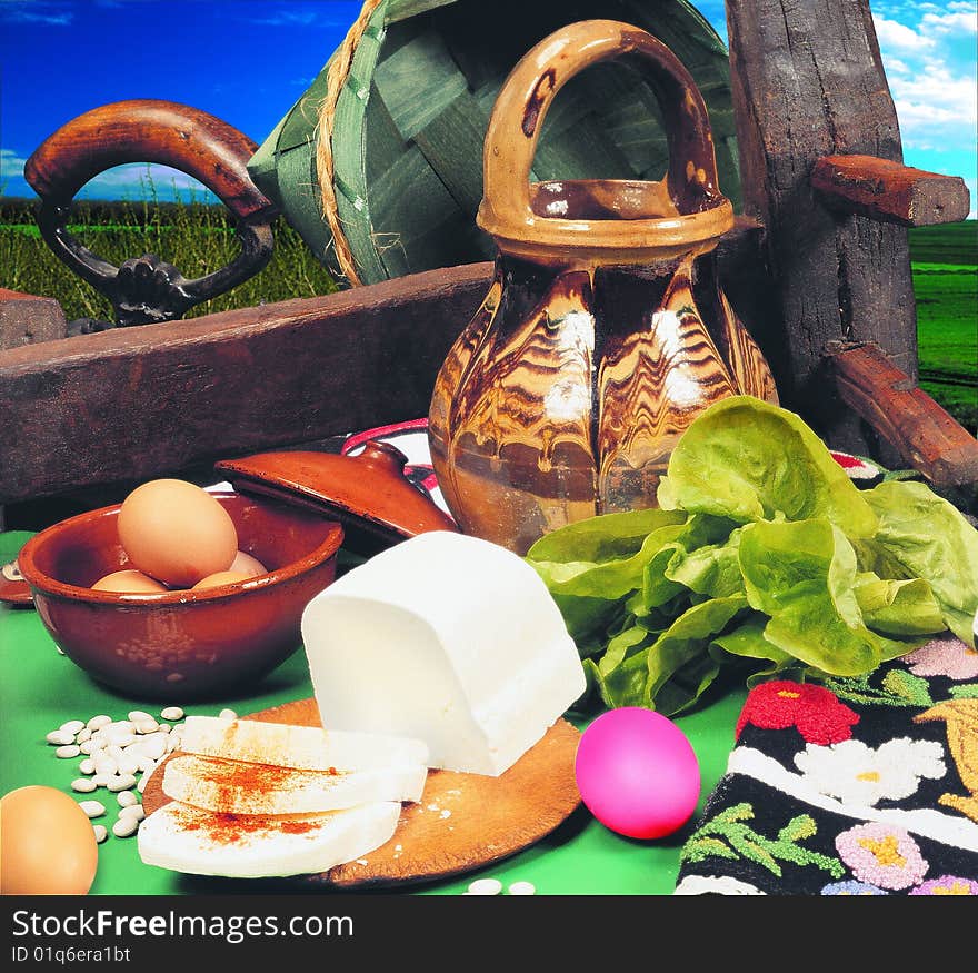 Traditional motive with pitcher, milk products and vegetable