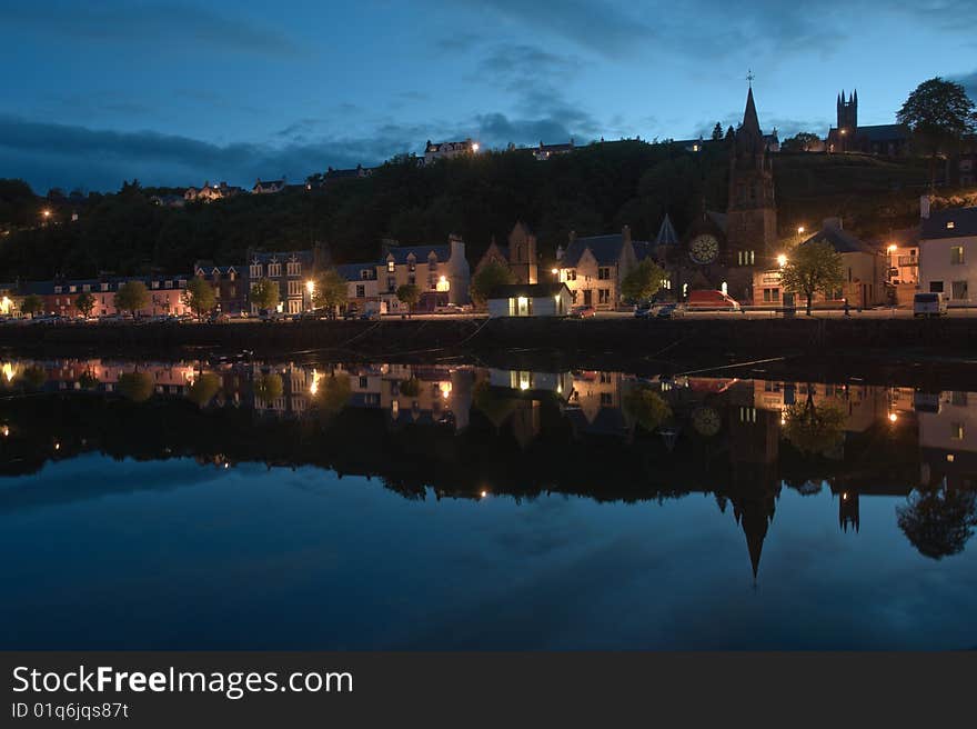 Row of houses along the Tobermory quay in Scotland