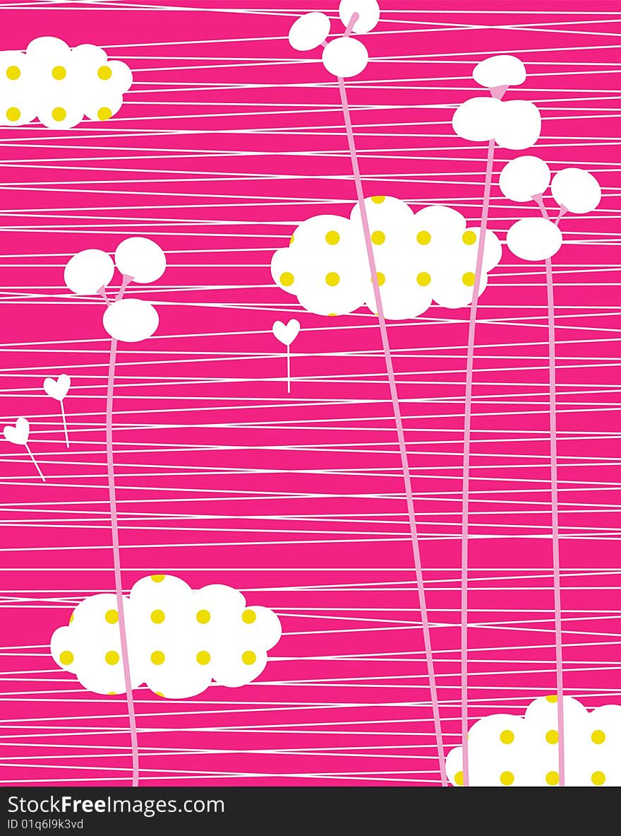 White cloud with yellow point and plant on the pink background