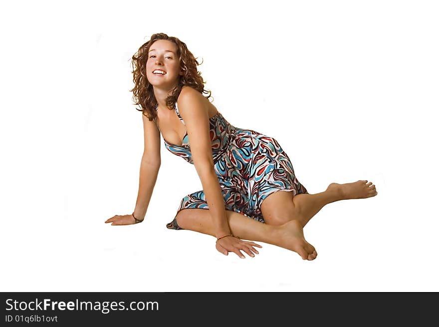 Brunette woman isolated over white.