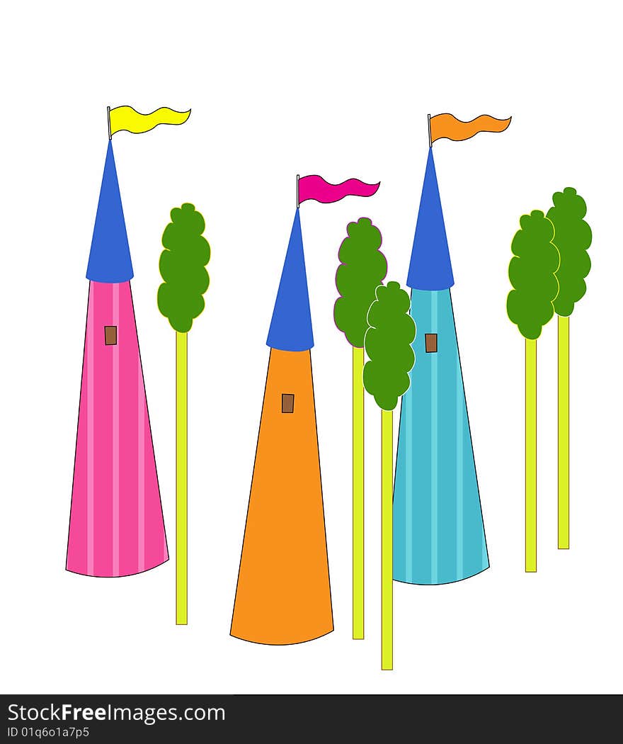 Colorful toy castle with flag and high tree