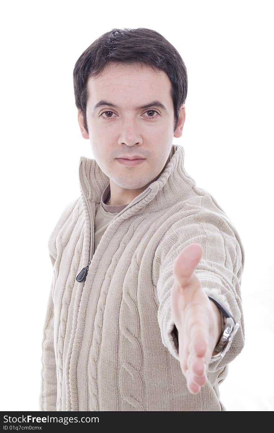 Male hand ready for handshake on white background