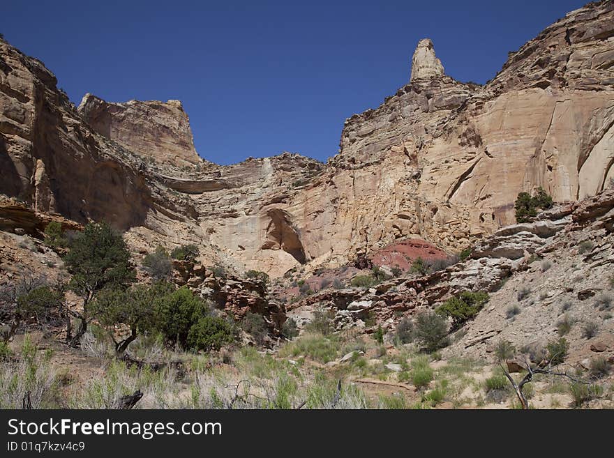 View of red rock formations in San Rafael Swell with blue sky�s