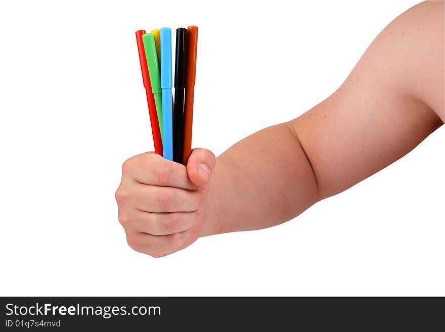 Man holds colour felt-tip pens in a hand