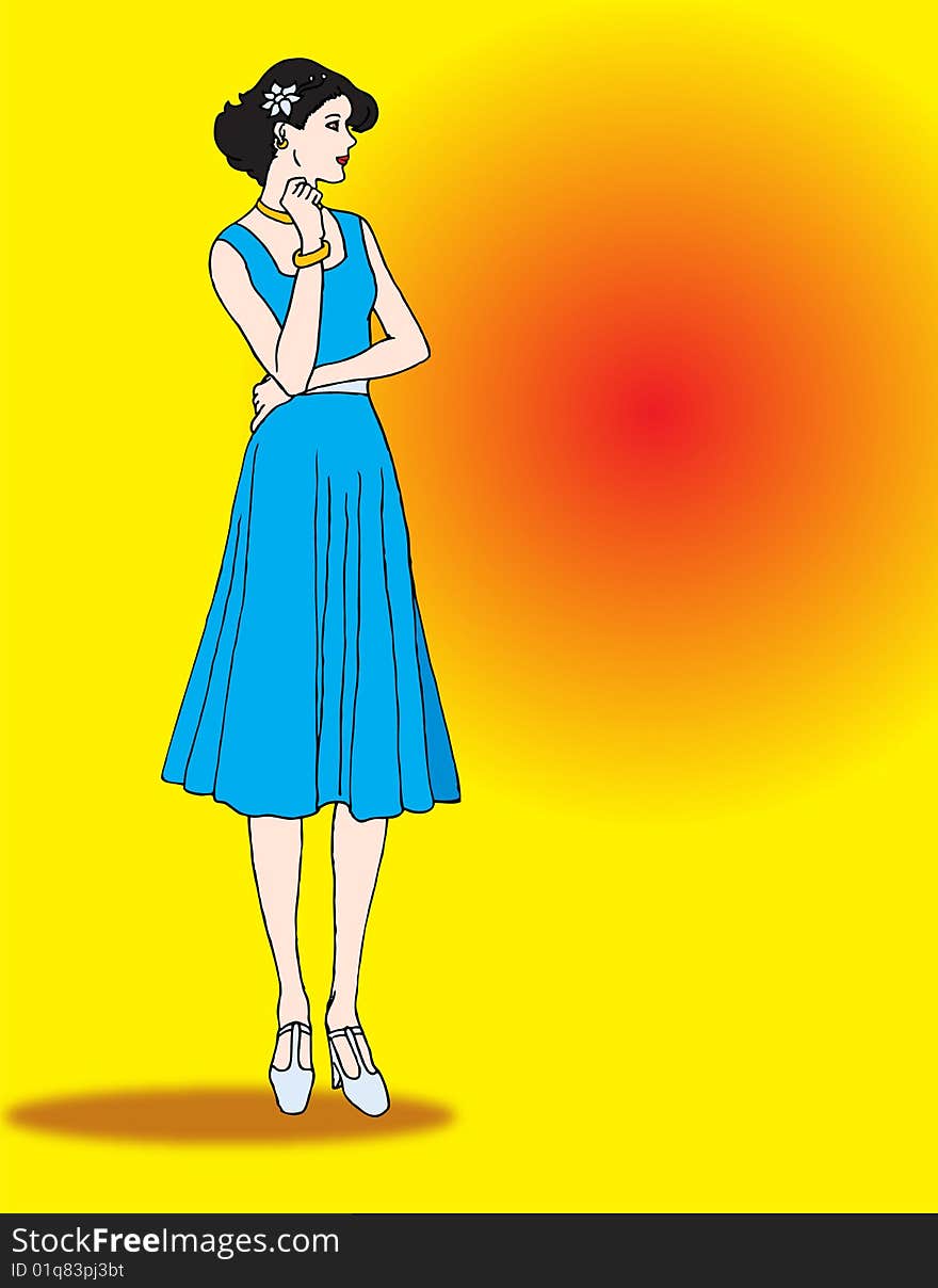 Black haired cartoon girl on yellow background. Black haired cartoon girl on yellow background