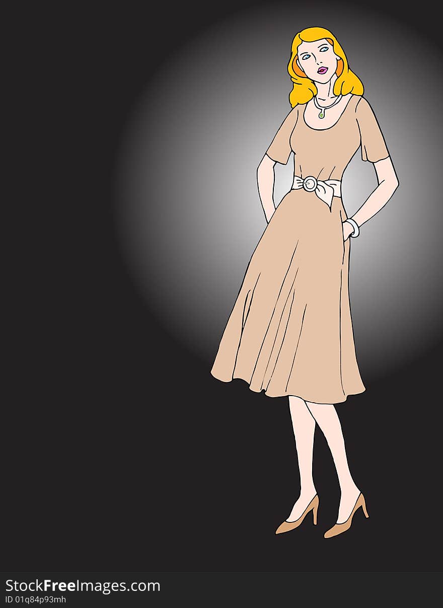 Blonde haired cartoon girl using dress on black background. Blonde haired cartoon girl using dress on black background