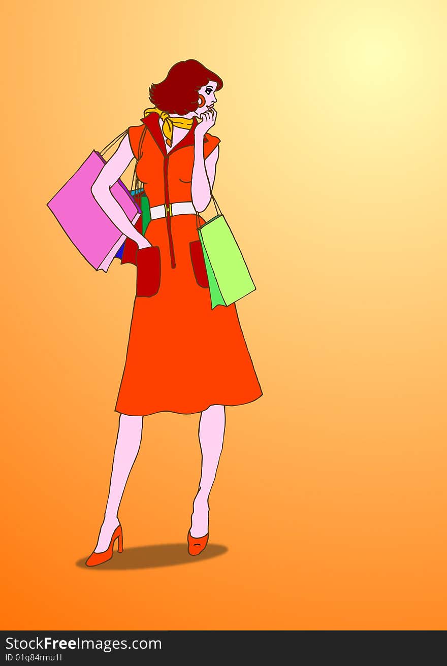 Red haired cartoon girl with shopping bag on orange background. Red haired cartoon girl with shopping bag on orange background