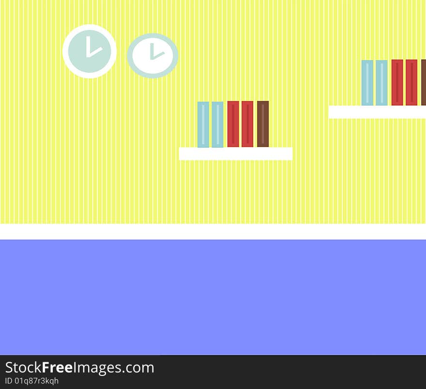 White bookshelf with books and two clocks on the yellow background. White bookshelf with books and two clocks on the yellow background