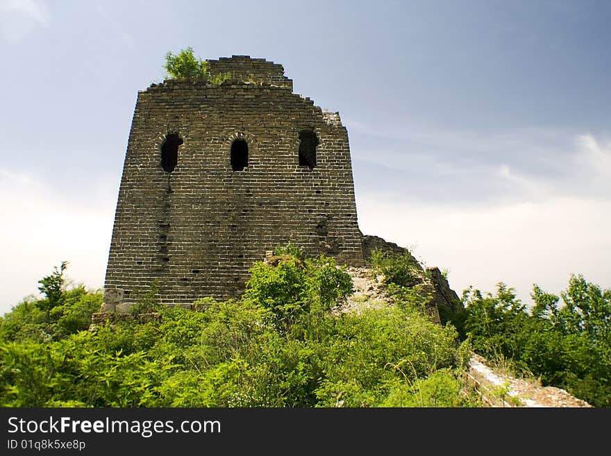 Watchtower of the great wall on top of a hill