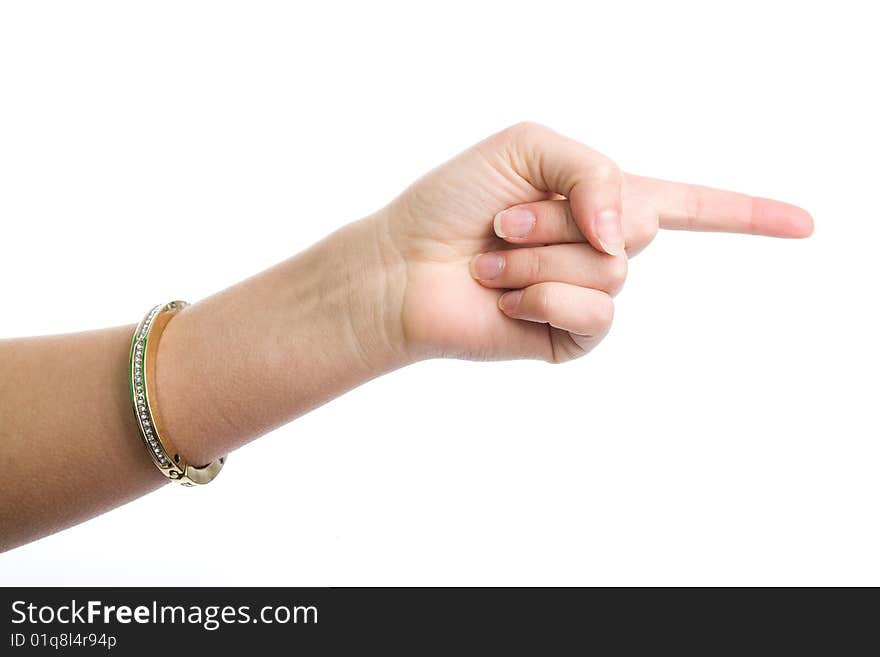 Female hand demonstrating gesture on the white background. Female hand demonstrating gesture on the white background