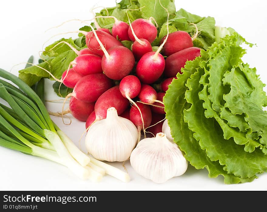 Spring onions, garlic, lettuce and radish