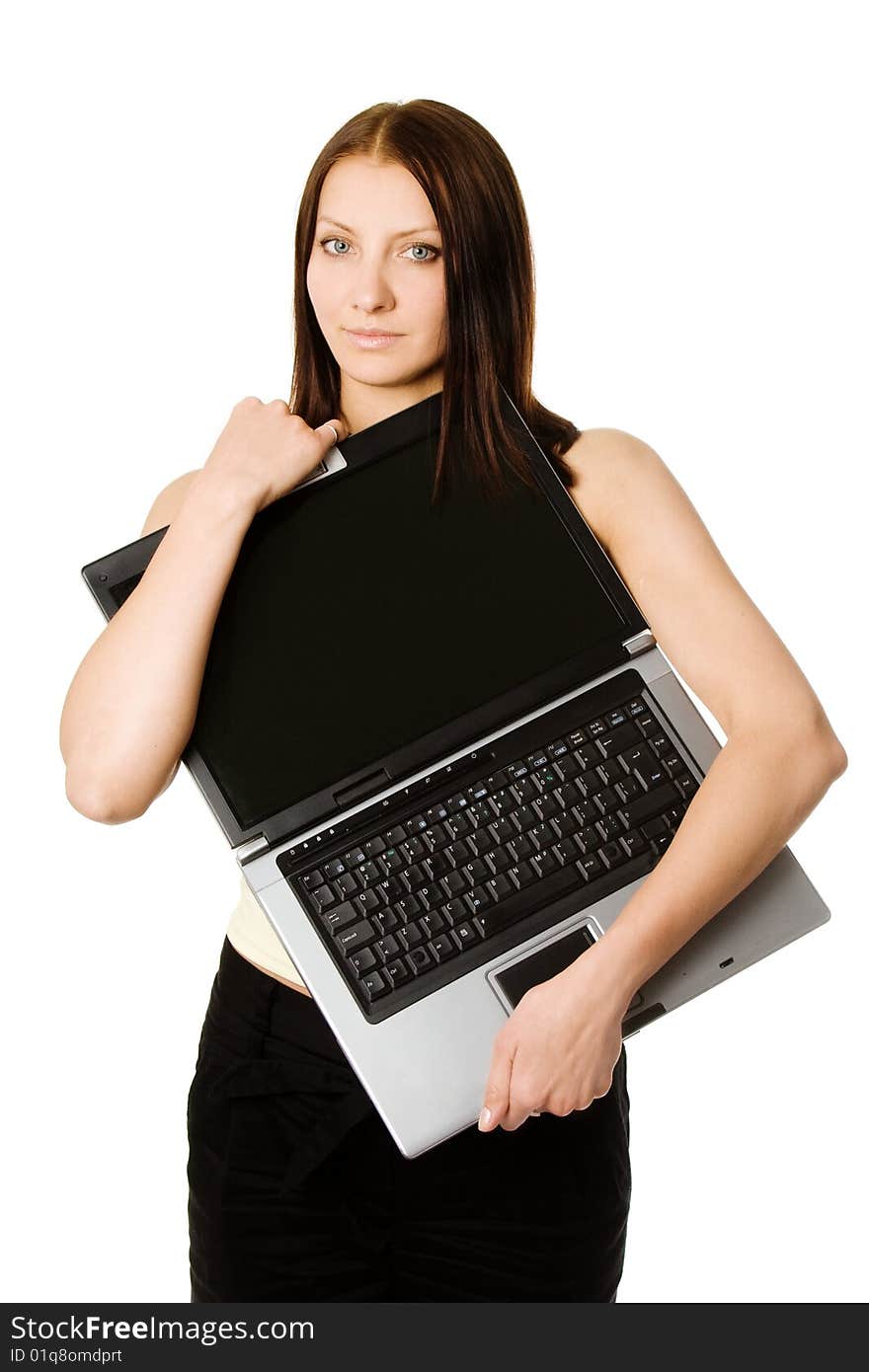 A beautiful woman with black laptop in her hands