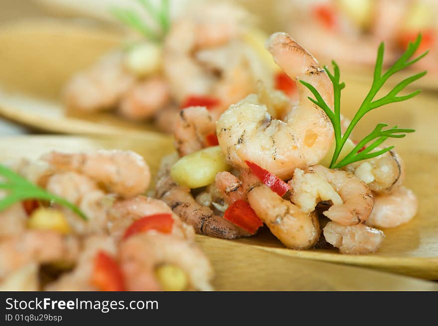 Beautifully presented plate with shrimp appetizers. close up. Beautifully presented plate with shrimp appetizers. close up.