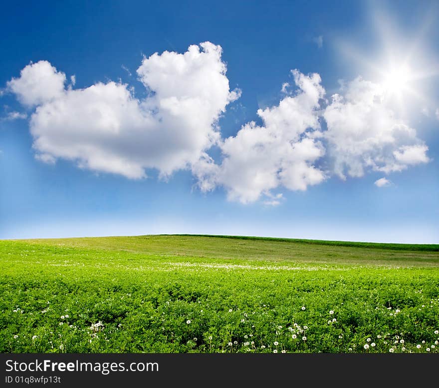 Beautiful blue sky and green field